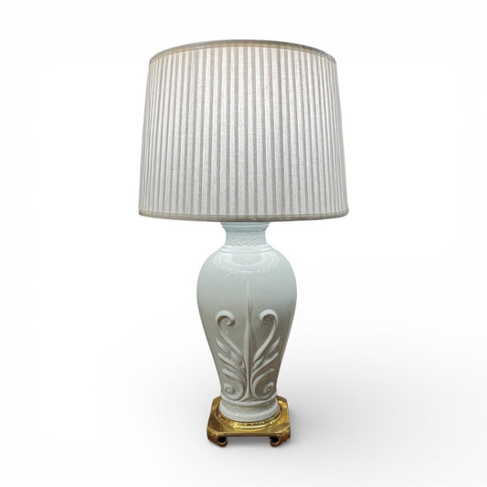 Vintage Celadon Blue Ethan Allen Porcelain Hollywood Regency Lamp w/ Brass Base. New Pleated Shade 35" tall
