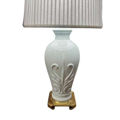 Vintage Celadon Blue Ethan Allen Porcelain Hollywood Regency Lamp w/ Brass Base. New Pleated Shade 35" tall