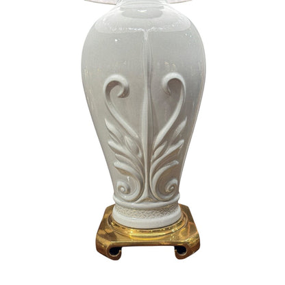 Vintage Celadon Blue Ethan Allen Porcelain Hollywood Regency Lamp w/ Brass Base. New Pleated Shade 35" tall