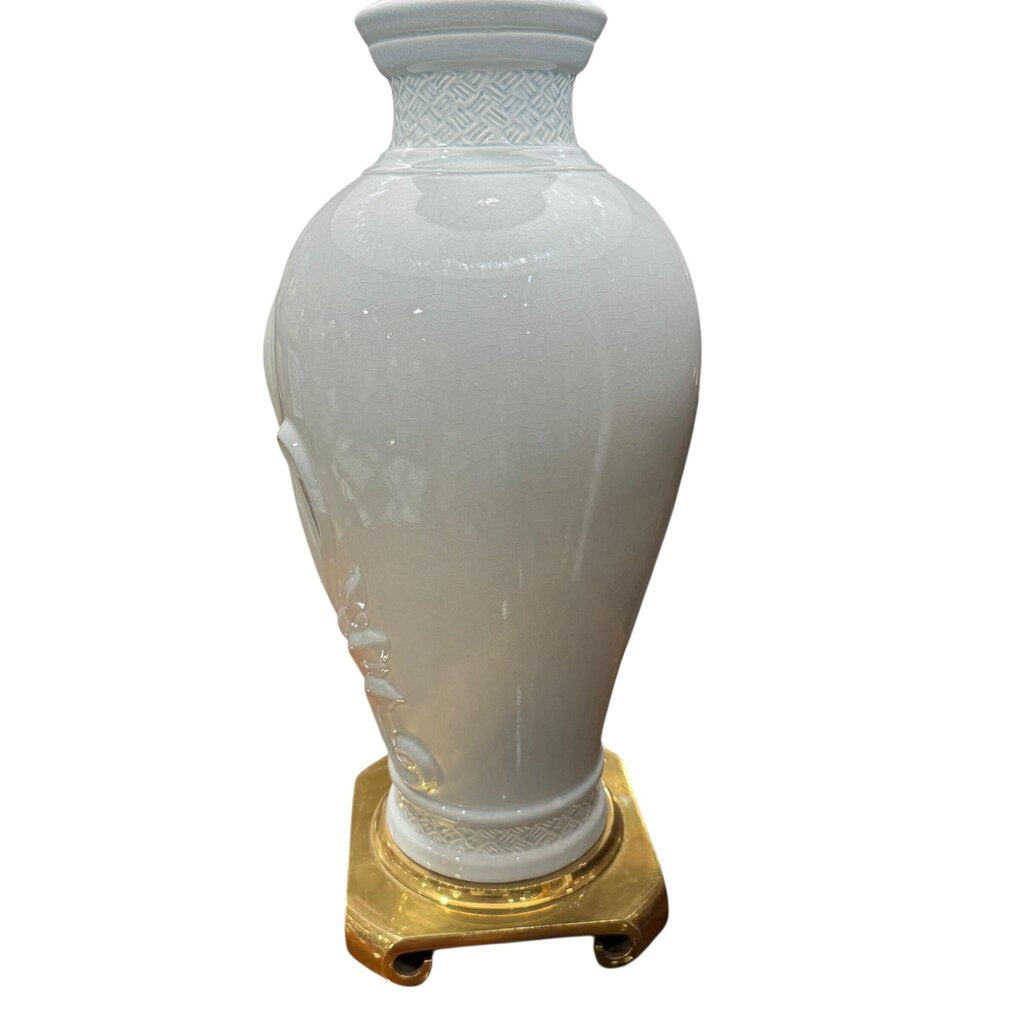 Vintage Celadon Blue Ethan Allen Porcelain Hollywood Regency Lamp w/ Brass Base. New Pleated Shade 35" tall