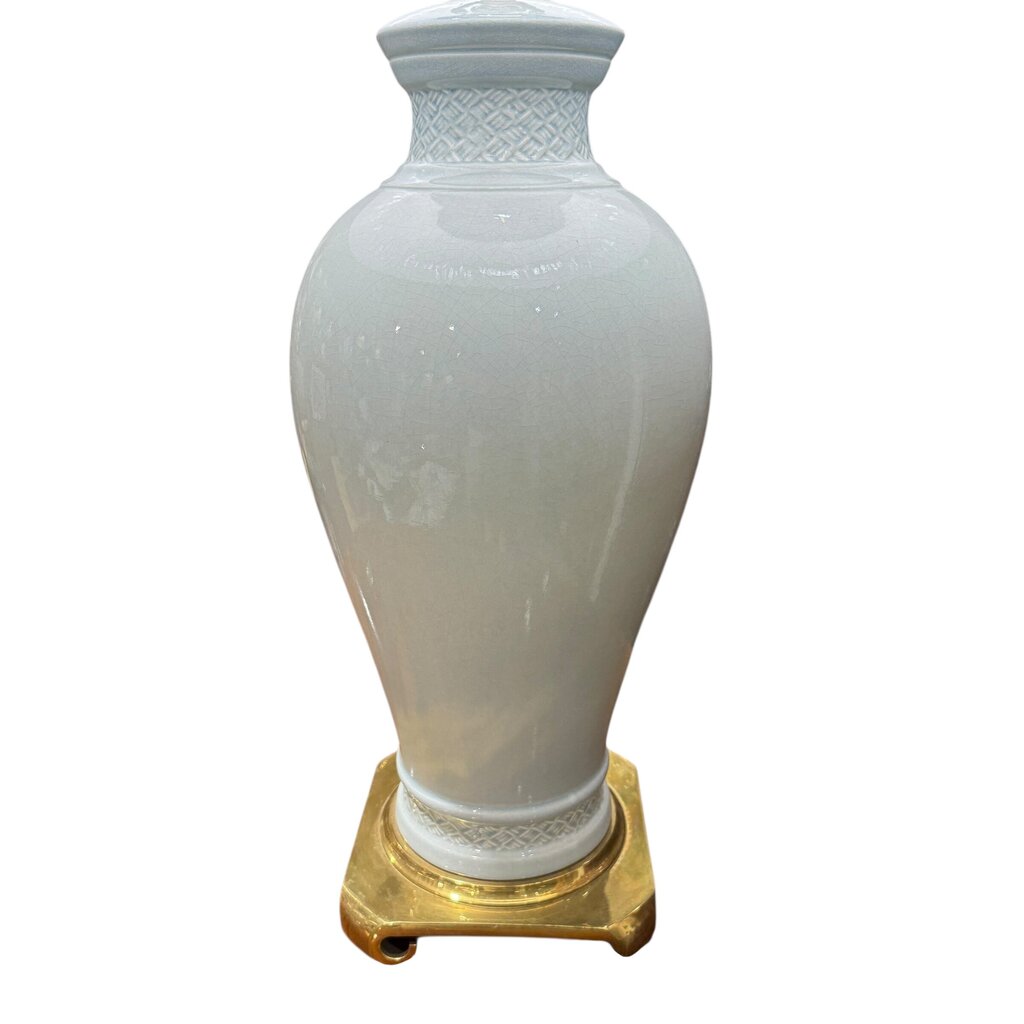 Vintage Celadon Blue Ethan Allen Porcelain Hollywood Regency Lamp w/ Brass Base. New Pleated Shade 35" tall