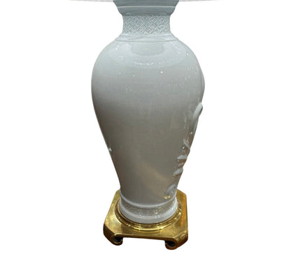 Vintage Celadon Blue Ethan Allen Porcelain Hollywood Regency Lamp w/ Brass Base. New Pleated Shade 35" tall