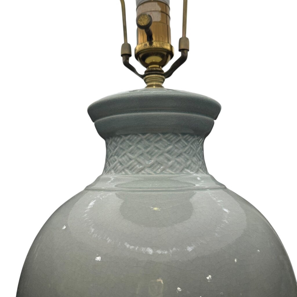 Vintage Celadon Blue Ethan Allen Porcelain Hollywood Regency Lamp w/ Brass Base. New Pleated Shade 35" tall