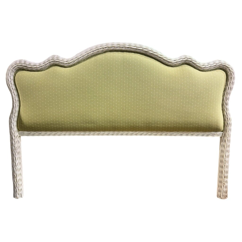 White Woven Rattan King Panel Headboard w/ Green Upholstered Center