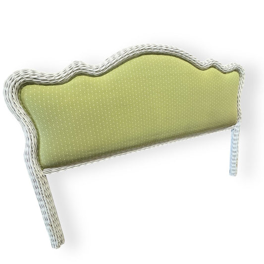 White Woven Rattan King Panel Headboard w/ Green Upholstered Center