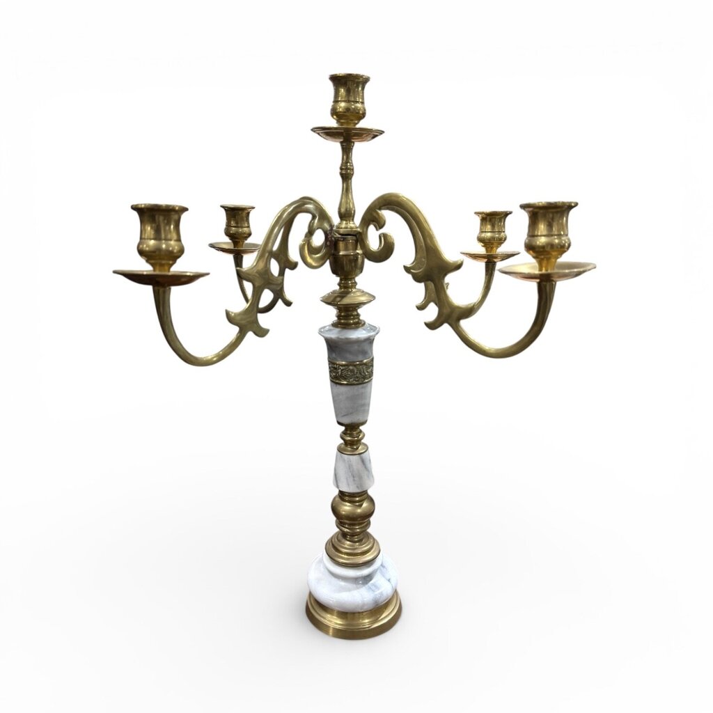 Vintage Italian Marble & Brass Candle Stick Holder w/ 5 Candles