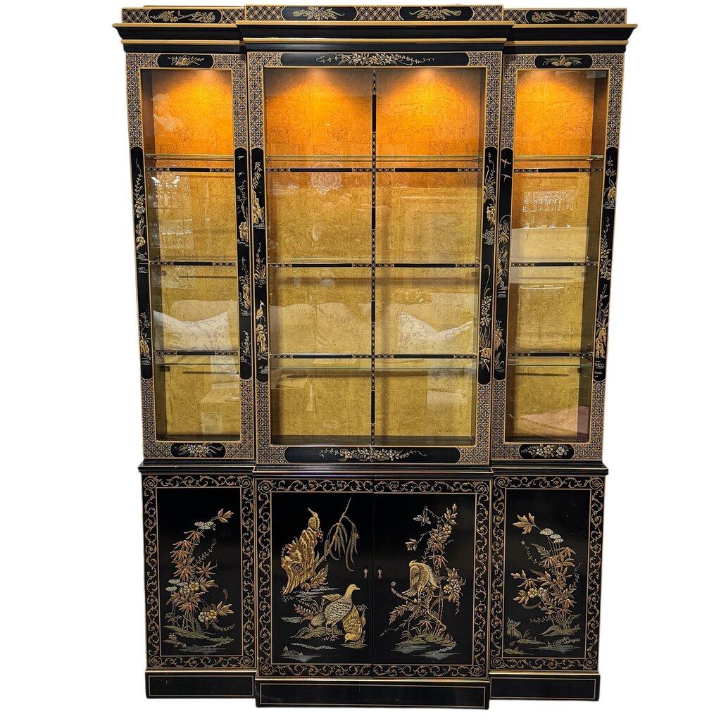 Vintage Drexel Heritage Et Cetera Collection Chinoiserie Style Hand Painted Black Lacquer China Cabinet 57Lx14Wx80H