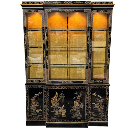Vintage Drexel Heritage Et Cetera Collection Chinoiserie Style Hand Painted Black Lacquer China Cabinet 57Lx14Wx80H