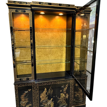 Vintage Drexel Heritage Et Cetera Collection Chinoiserie Style Hand Painted Black Lacquer China Cabinet 57Lx14Wx80H