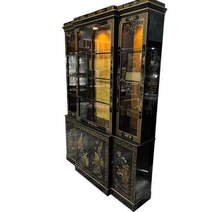 Vintage Drexel Heritage Et Cetera Collection Chinoiserie Style Hand Painted Black Lacquer China Cabinet 57Lx14Wx80H