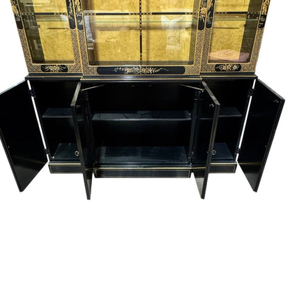 Vintage Drexel Heritage Et Cetera Collection Chinoiserie Style Hand Painted Black Lacquer China Cabinet 57Lx14Wx80H