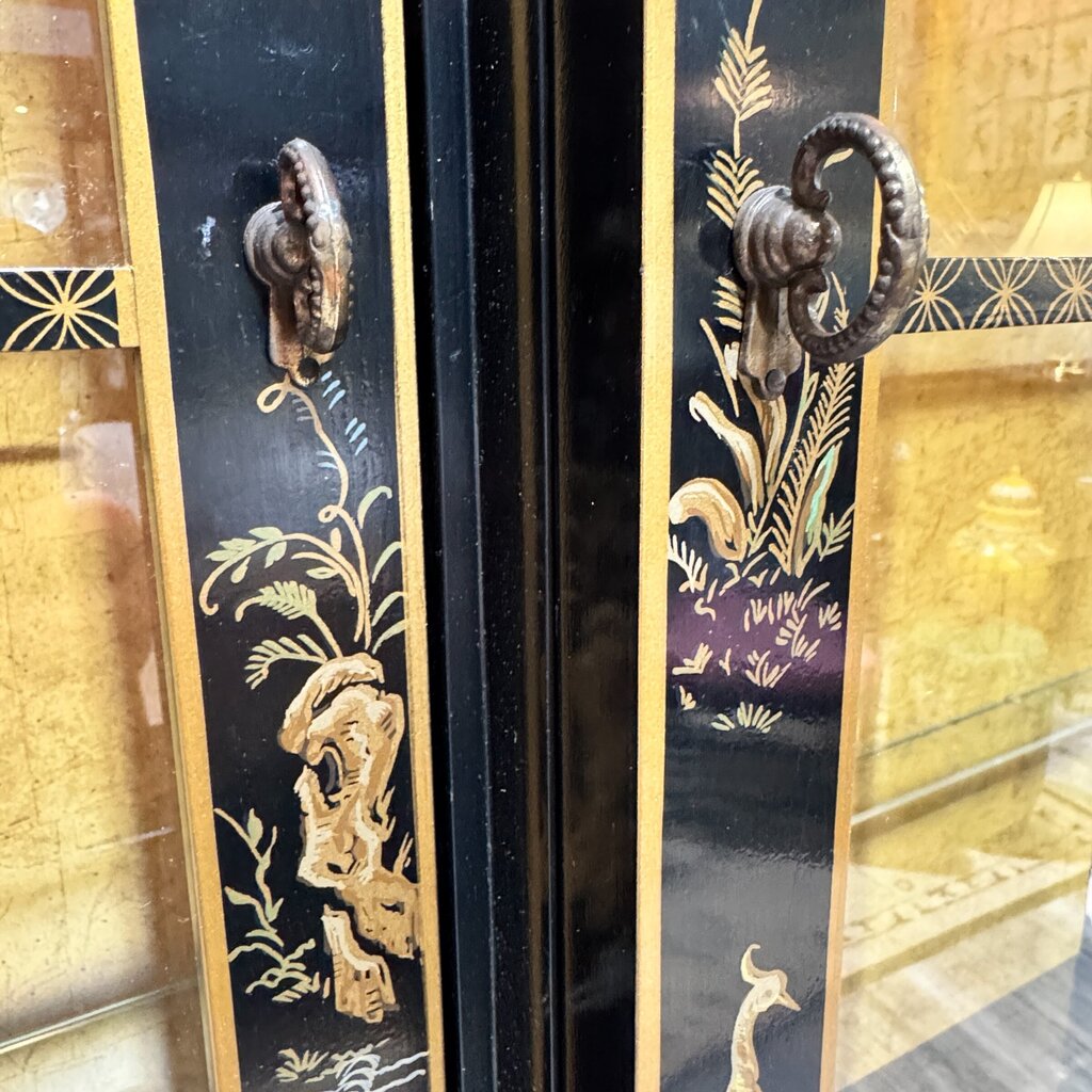 Vintage Drexel Heritage Et Cetera Collection Chinoiserie Style Hand Painted Black Lacquer China Cabinet 57Lx14Wx80H