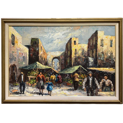 Impressionist Street Market Scene w/ Townspeople Shopping Beneath City Arched Gateways and Buildings by Listed Artist Burnett 41Lx29H