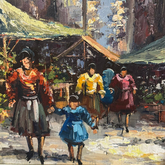 Impressionist Street Market Scene w/ Townspeople Shopping Beneath City Arched Gateways and Buildings by Listed Artist Burnett 41Lx29H