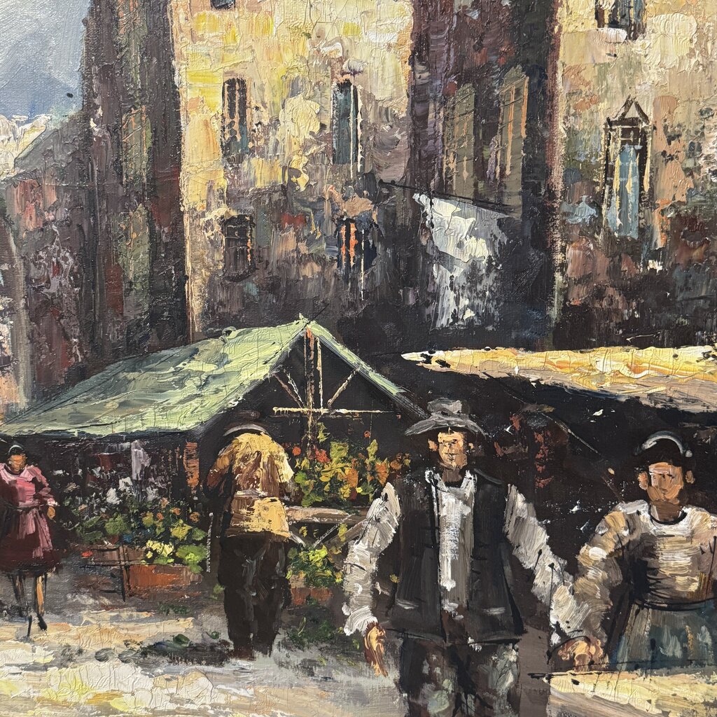 Impressionist Street Market Scene w/ Townspeople Shopping Beneath City Arched Gateways and Buildings by Listed Artist Burnett 41Lx29H