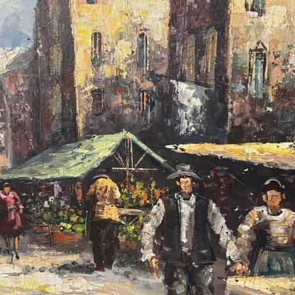 Impressionist Street Market Scene w/ Townspeople Shopping Beneath City Arched Gateways and Buildings by Listed Artist Burnett 41Lx29H