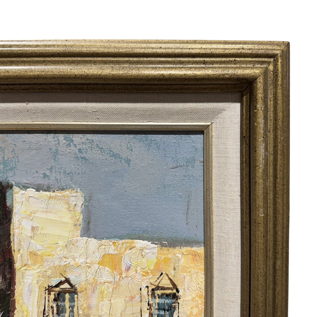 Impressionist Street Market Scene w/ Townspeople Shopping Beneath City Arched Gateways and Buildings by Listed Artist Burnett 41Lx29H
