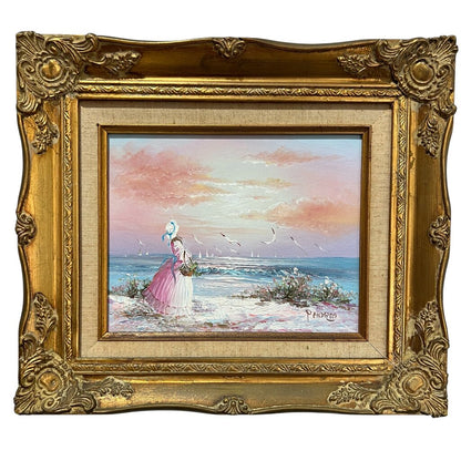 Impressionist Oil Painting of a Victorian Woman Walking by the Seaside Signed: P. Andrea 16x14