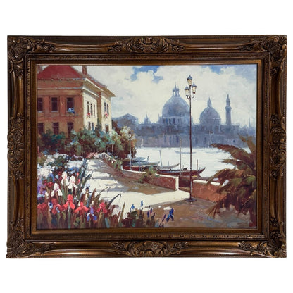 Sidewalk Scene Along the Grand Canal in Venice Italy Santa Maria della Salute in Distance 48Lx40H