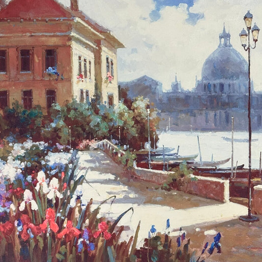 Sidewalk Scene Along the Grand Canal in Venice Italy Santa Maria della Salute in Distance 48Lx40H