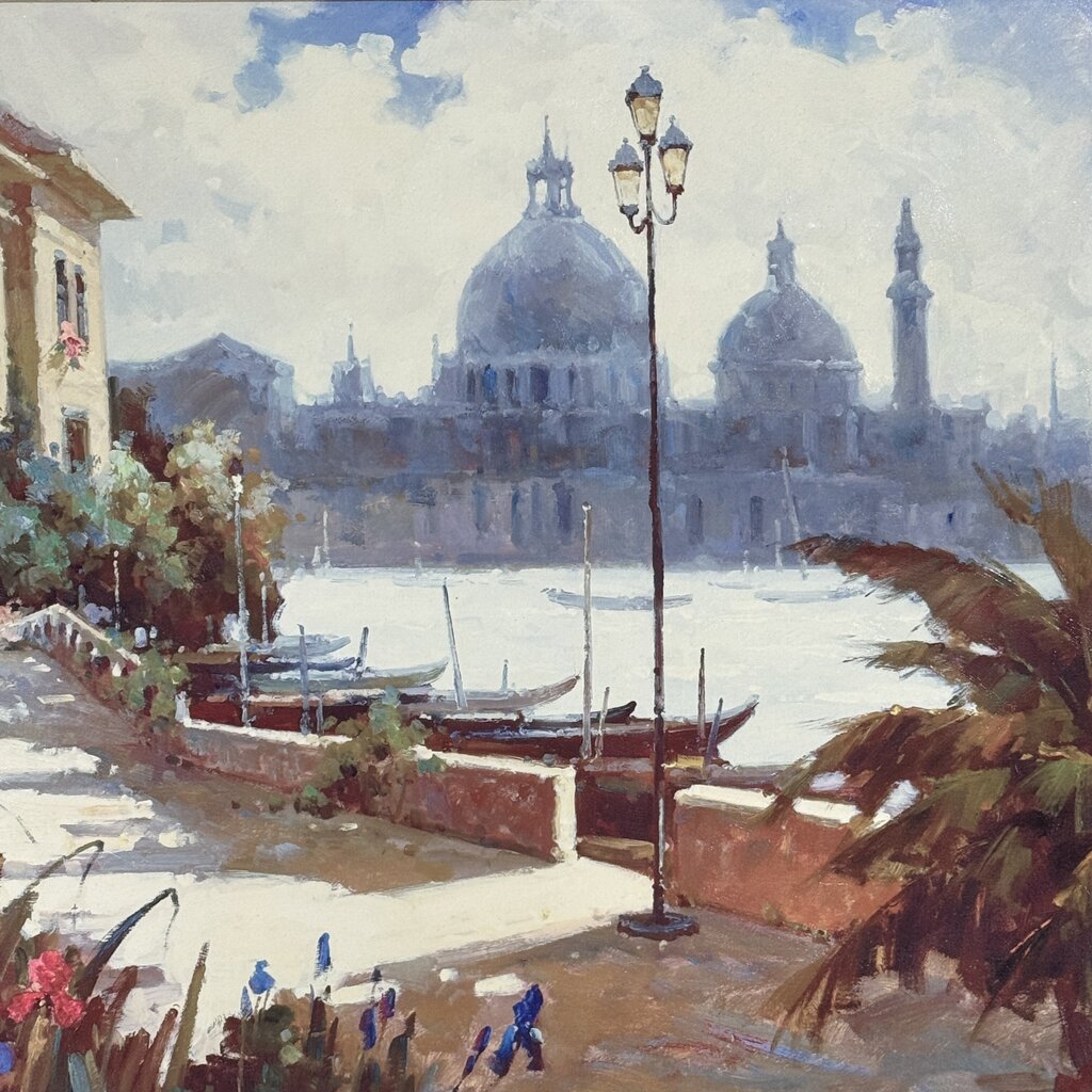 Sidewalk Scene Along the Grand Canal in Venice Italy Santa Maria della Salute in Distance 48Lx40H