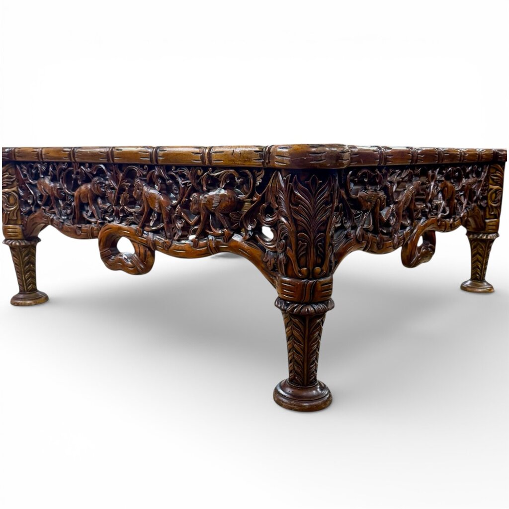 Tropical Hand Carved Monkeys Solid Wood Coffee Table w/ New Glass 41Lx41Wx16H by: Notables Handcrafted Furniture