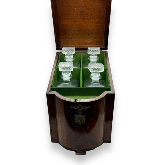 Late 18th Century English Mahogany Knife Cutlery Box w/ Sterling Silver Emblem Converted to 4 Piece Decanter Set (no key) 9.5Lx10x15.5H