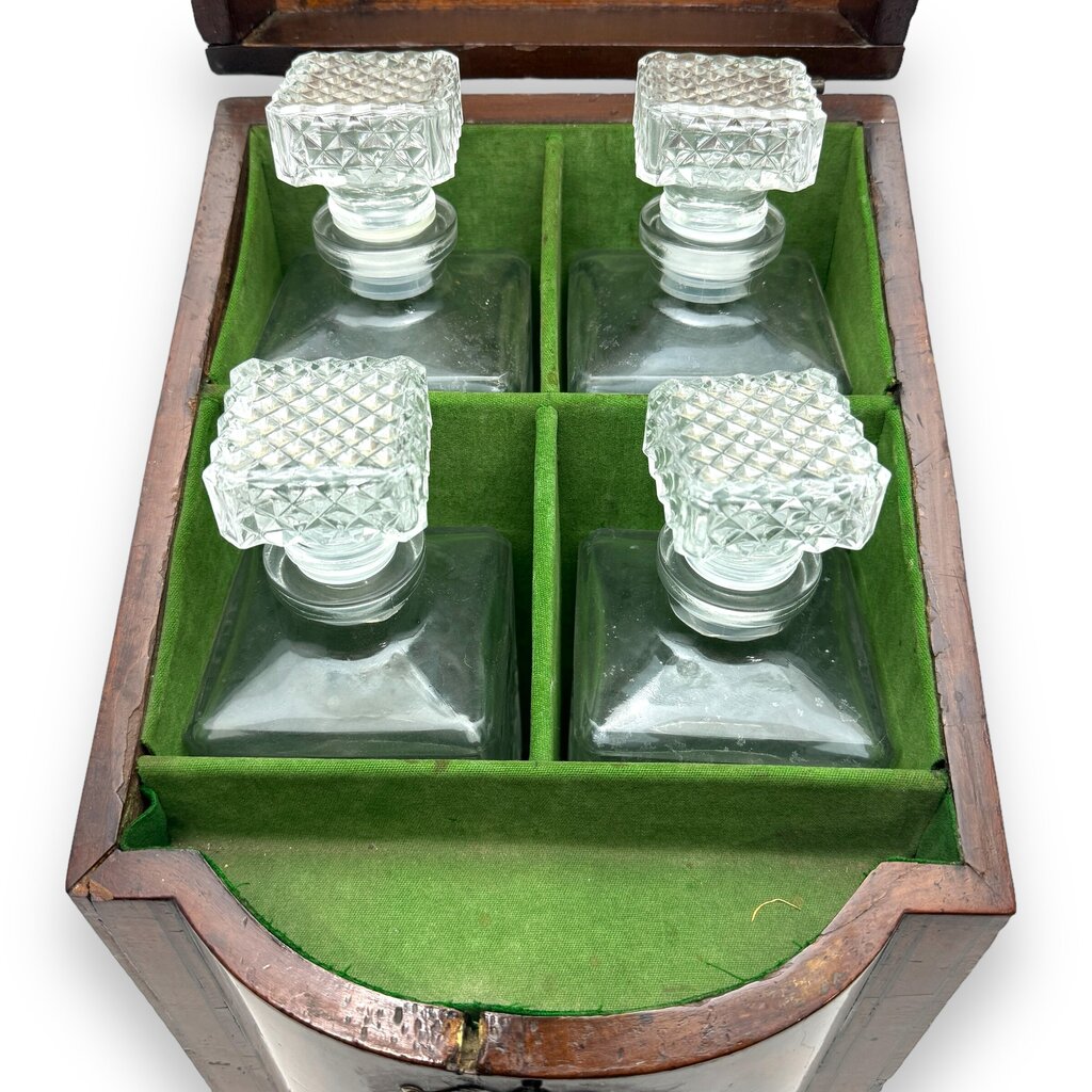 Late 18th Century English Mahogany Knife Cutlery Box w/ Sterling Silver Emblem Converted to 4 Piece Decanter Set (no key) 9.5Lx10x15.5H