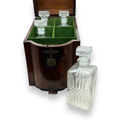 Late 18th Century English Mahogany Knife Cutlery Box w/ Sterling Silver Emblem Converted to 4 Piece Decanter Set (no key) 9.5Lx10x15.5H