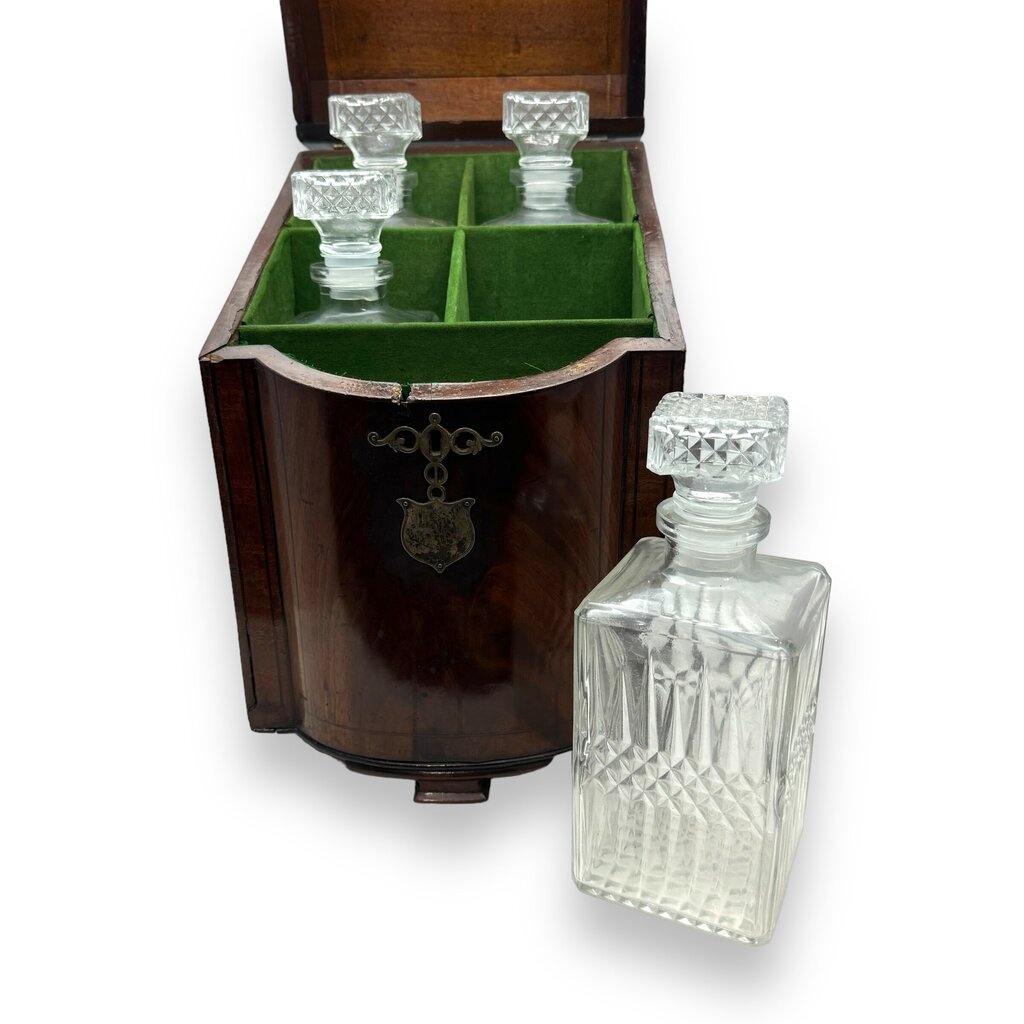 Late 18th Century English Mahogany Knife Cutlery Box w/ Sterling Silver Emblem Converted to 4 Piece Decanter Set (no key) 9.5Lx10x15.5H
