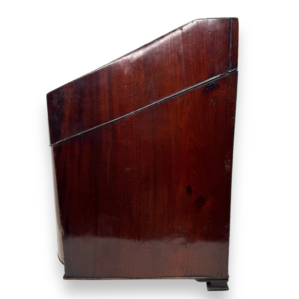 Late 18th Century English Mahogany Knife Cutlery Box w/ Sterling Silver Emblem Converted to 4 Piece Decanter Set (no key) 9.5Lx10x15.5H