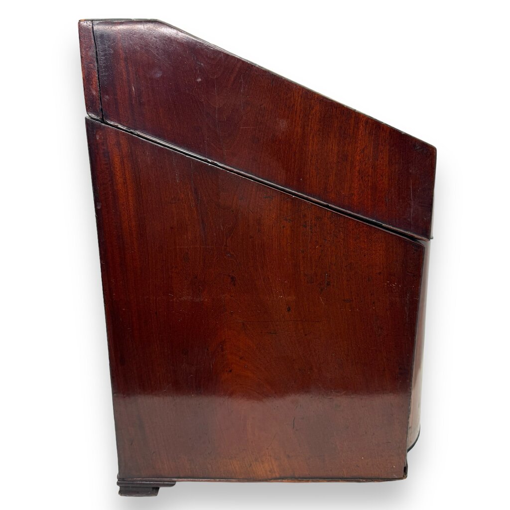 Late 18th Century English Mahogany Knife Cutlery Box w/ Sterling Silver Emblem Converted to 4 Piece Decanter Set (no key) 9.5Lx10x15.5H