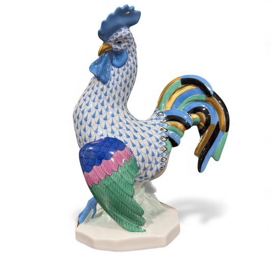 Vintage Herend Porcelain Rooster in Blue Handmade / Hand-painted in Hungary w/ 24k Gold Accents 6" tall