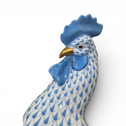 Vintage Herend Porcelain Rooster in Blue Handmade / Hand-painted in Hungary w/ 24k Gold Accents 6" tall