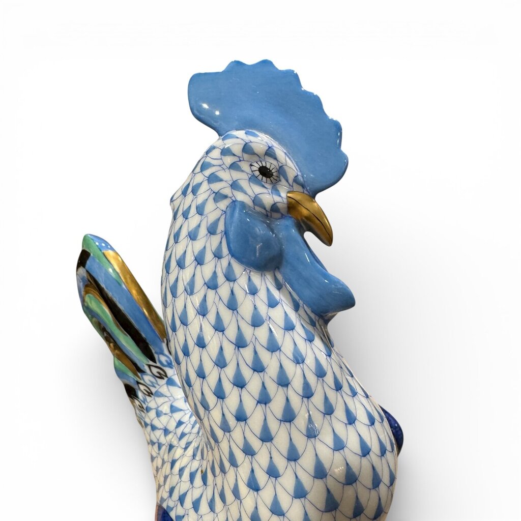 Vintage Herend Porcelain Rooster in Blue Handmade / Hand-painted in Hungary w/ 24k Gold Accents 6" tall