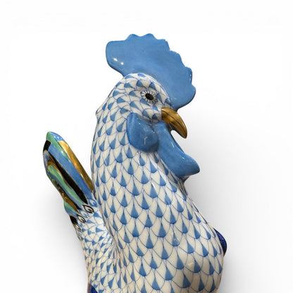 Vintage Herend Porcelain Rooster in Blue Handmade / Hand-painted in Hungary w/ 24k Gold Accents 6" tall