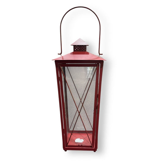 Large Red Metal Lantern Candle Holder w/ Glass Windows