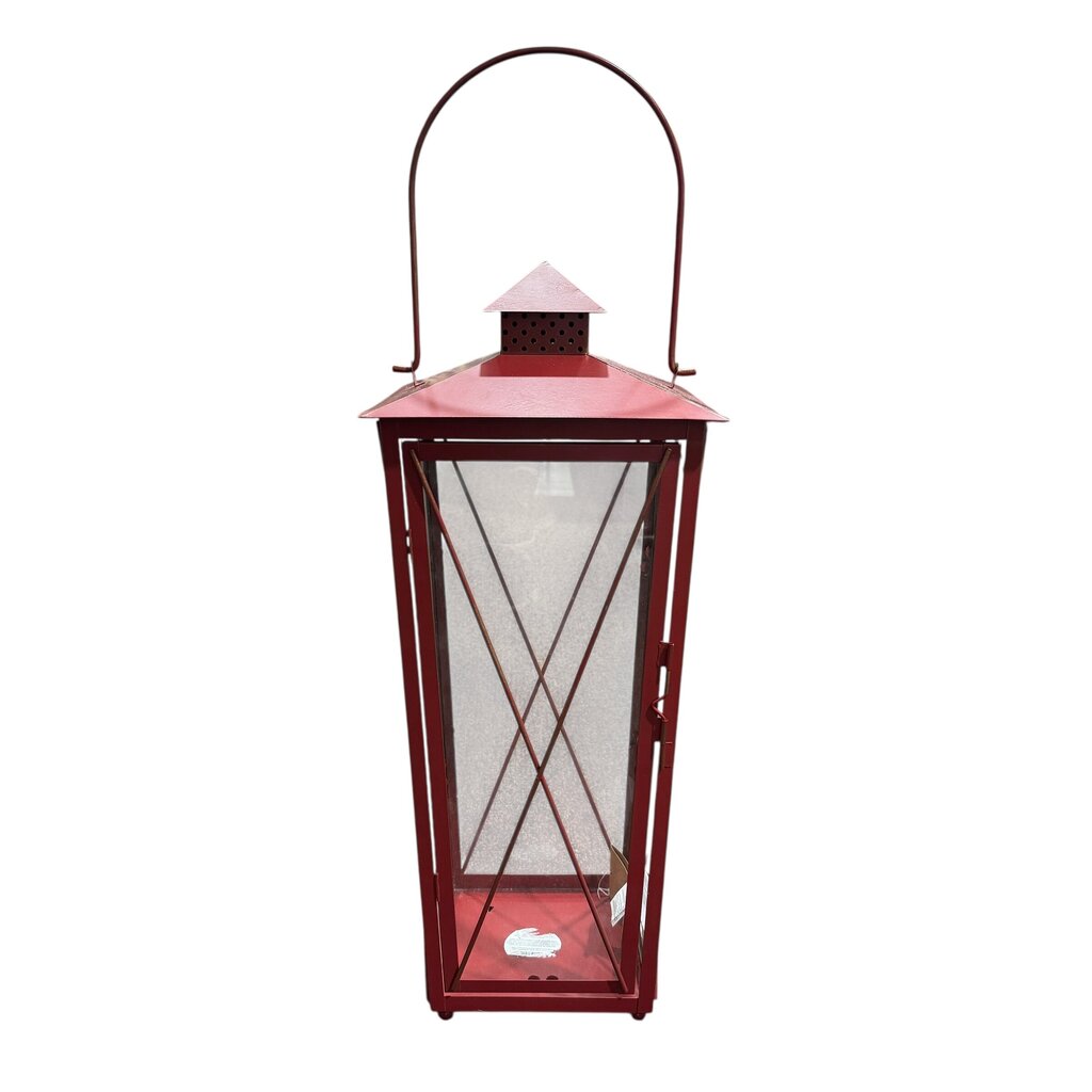 Large Red Metal Lantern Candle Holder w/ Glass Windows