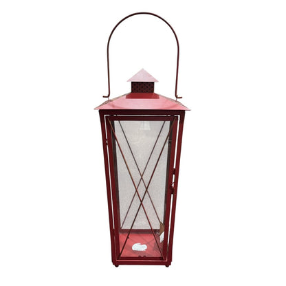 Large Red Metal Lantern Candle Holder w/ Glass Windows