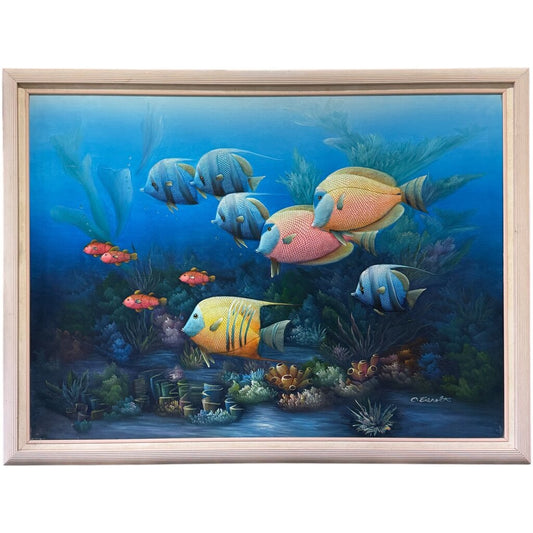 Large Tropical Reef Oil Painting By C. Benolt Featuring Colorful Schools Of Fish Swimming Through A Serene Underwater Landscape. Rich Blues, Vibrant Coral Tones 53L X 41H