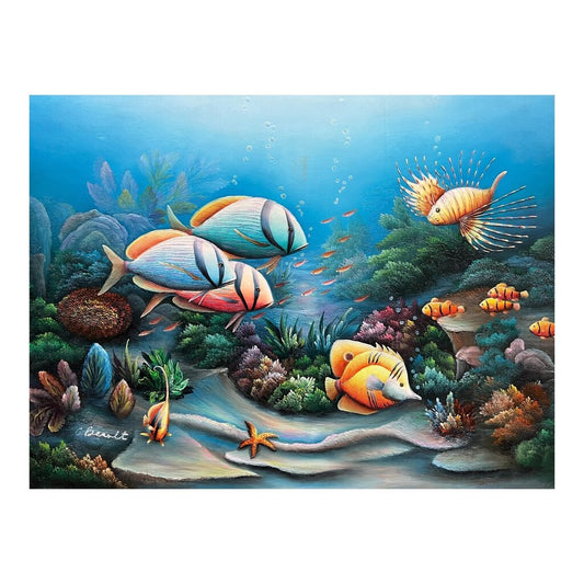 Large Tropical Reef Oil Painting By C. Benolt Featuring Colorful Schools Of Fish Swimming Through A Serene Underwater Landscape. Rich Blues, Vibrant Coral Tones 53L X 41H