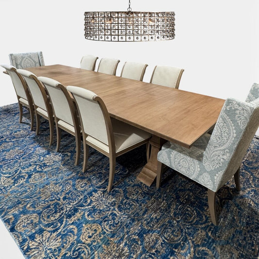 Custom Ordered New Ethan Allen Piermont Maple Dininig Table w/ 12 Upholstered Chairs & 2 Leaves 48"W x 88"-136"L