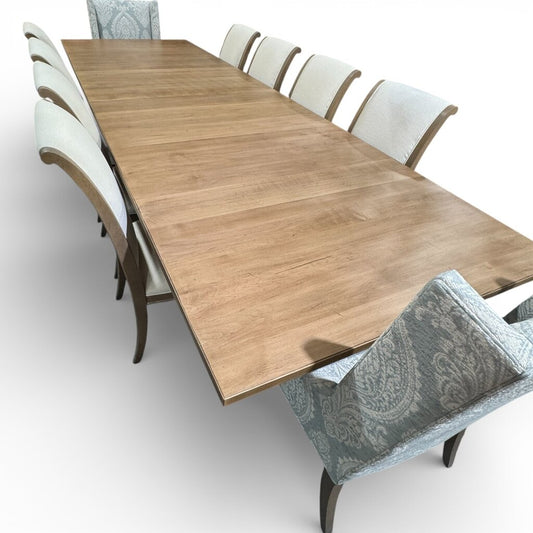 Custom Ordered New Ethan Allen Piermont Maple Dininig Table w/ 12 Upholstered Chairs & 2 Leaves 48"W x 88"-136"L