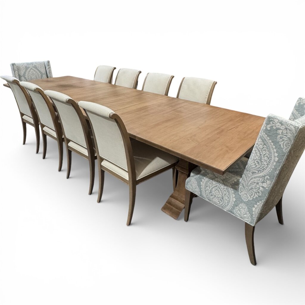 Custom Ordered New Ethan Allen Piermont 88"-136" Maple Dininig Table w/ 12 Upholstered Chairs & 2 Leaves