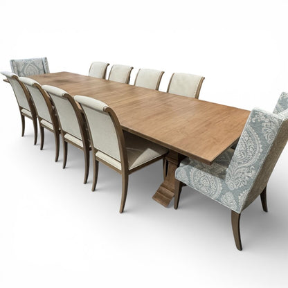Custom Ordered New Ethan Allen Piermont 88"-136" Maple Dininig Table w/ 12 Upholstered Chairs & 2 Leaves