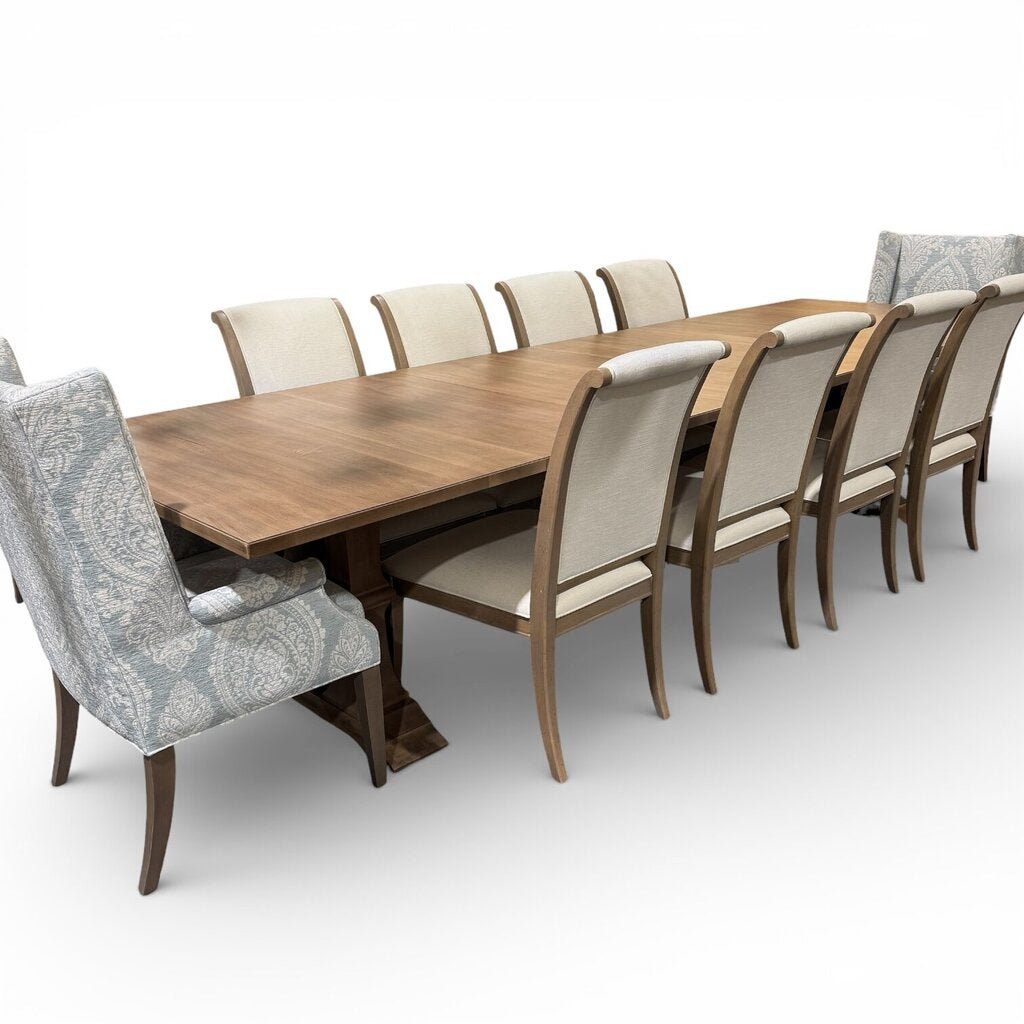Custom Ordered New Ethan Allen Piermont 88"-136" Maple Dininig Table w/ 12 Upholstered Chairs & 2 Leaves