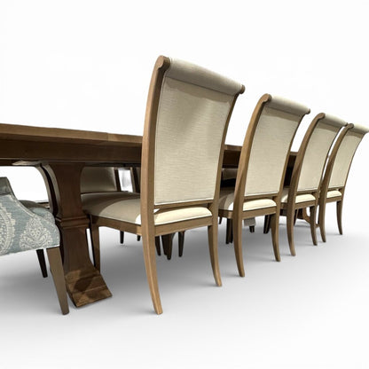 Custom Ordered New Ethan Allen Piermont 88"-136" Maple Dininig Table w/ 12 Upholstered Chairs & 2 Leaves