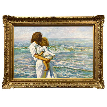 Genesis by: Richard L. Yaco (b. 1942)  Alkyd & Oil on Canvas  Mother and Child by the Sea 44Lx32H