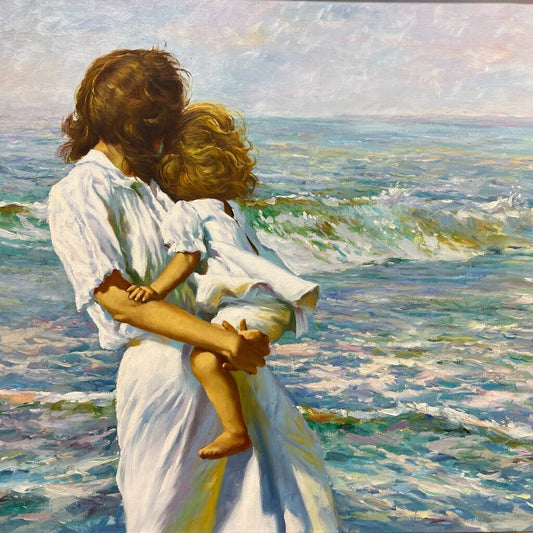 Genesis by: Richard L. Yaco (b. 1942)
Alkyd & Oil on Canvas
Mother and Child by the Sea 44Lx32H