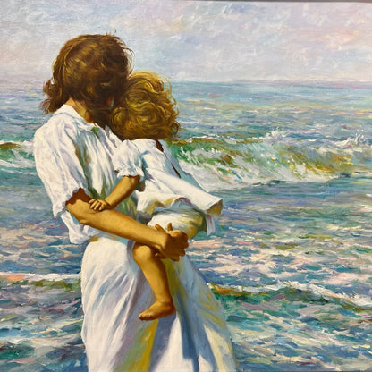 Genesis by: Richard L. Yaco (b. 1942)  Alkyd & Oil on Canvas  Mother and Child by the Sea 44Lx32H